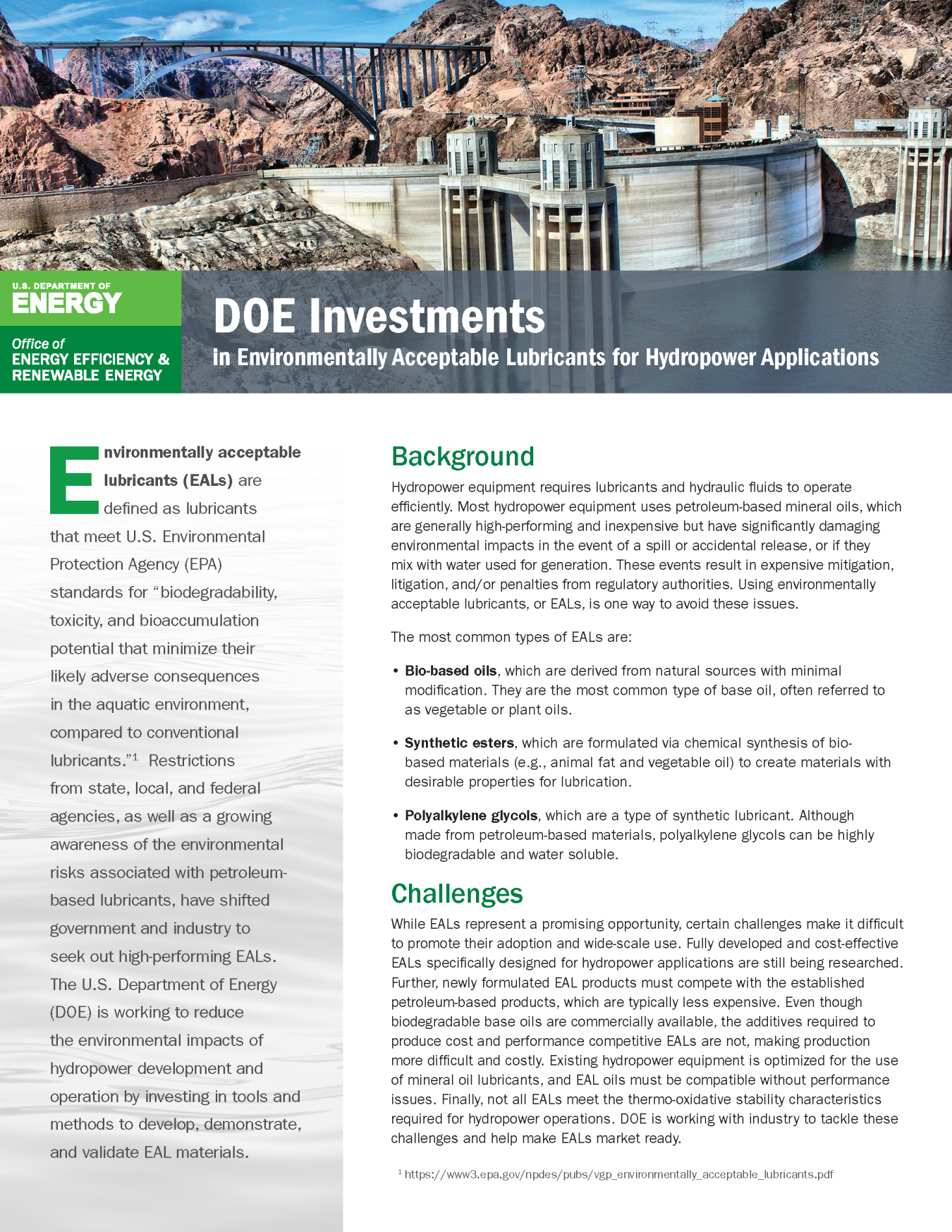 Cover of the DOE Investments in Environmentally Acceptable Lubricants for Hydropower Applications fact sheet. 