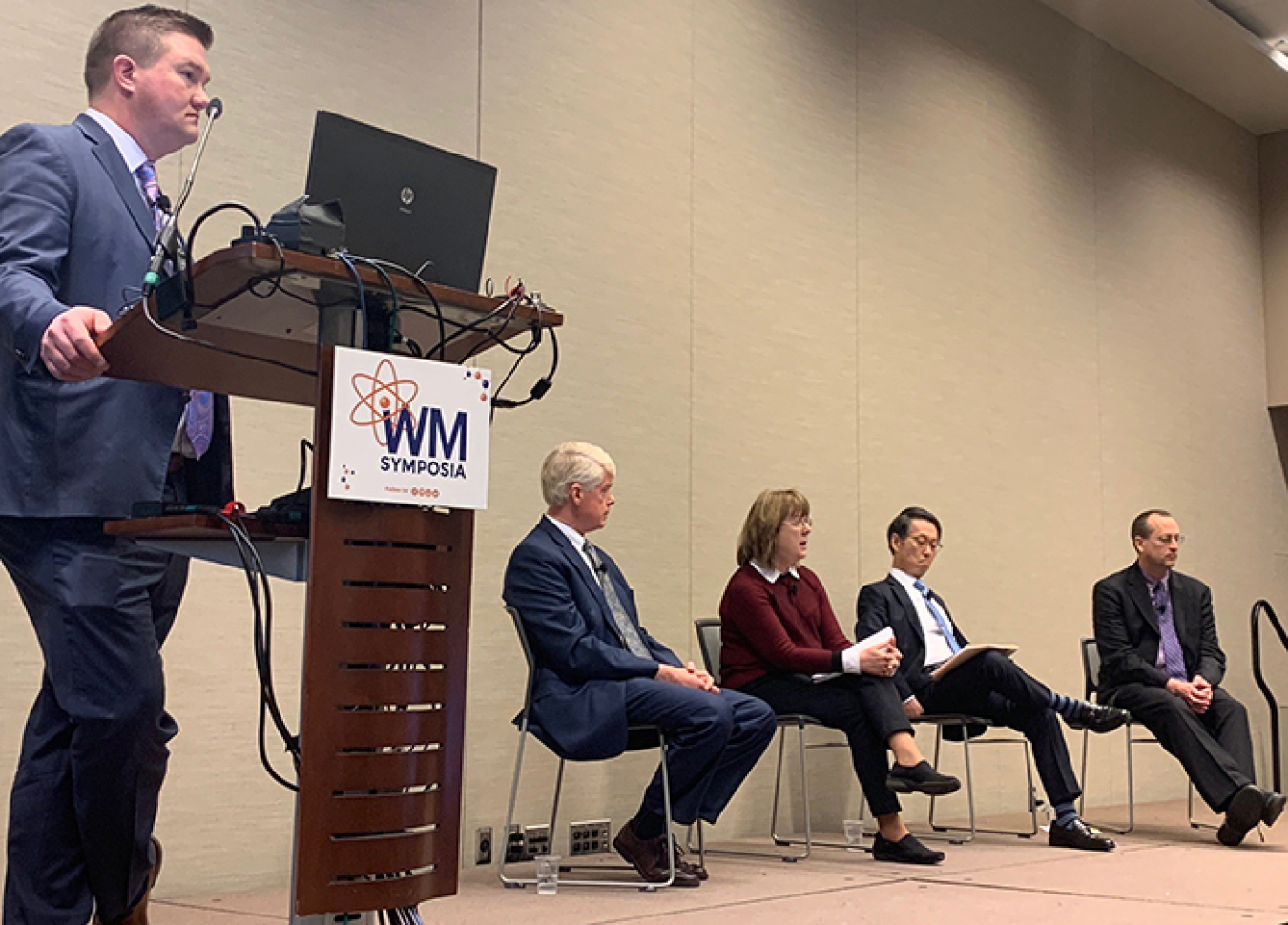 EM managers tackled a variety of questions from the audience and moderator Martin Schneider of Longenecker and Associates (standing) during the “Hot Topics” panel at the Waste Management Symposia. 