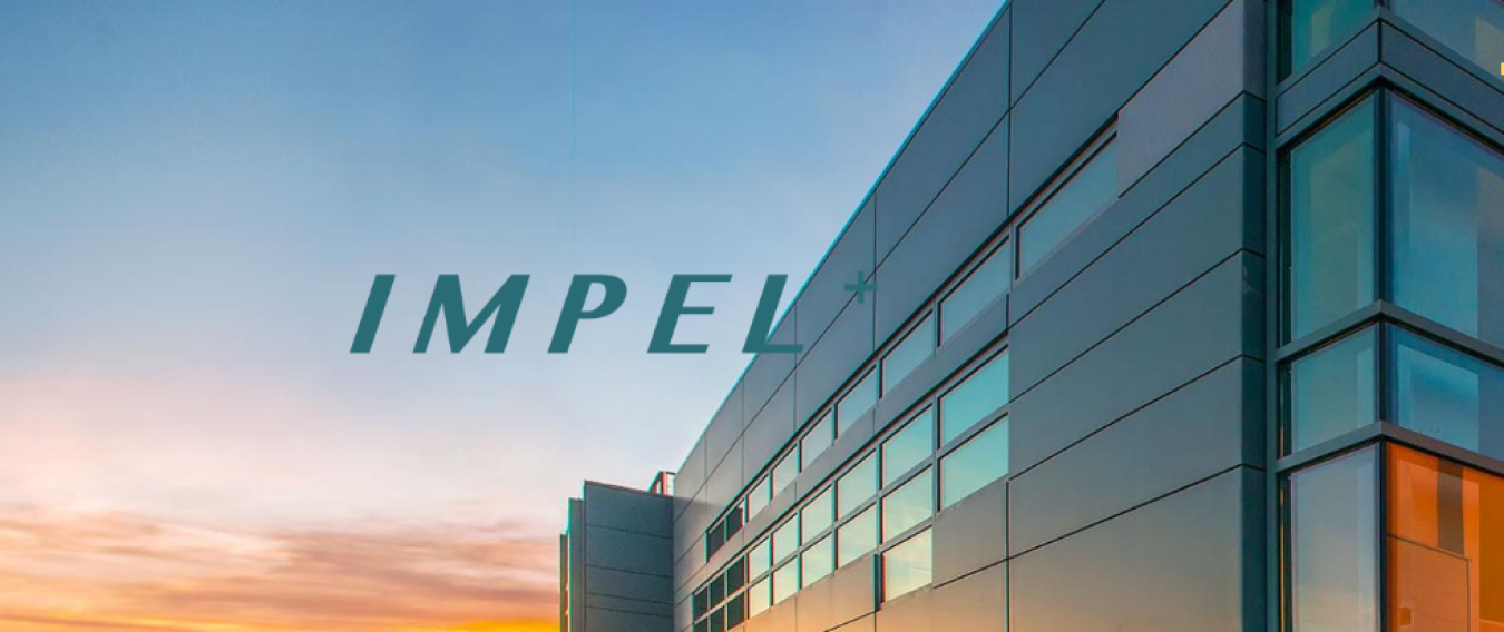 The edge of a large office building with the sky beyond, and the word "IMPEL" superimposed on it.