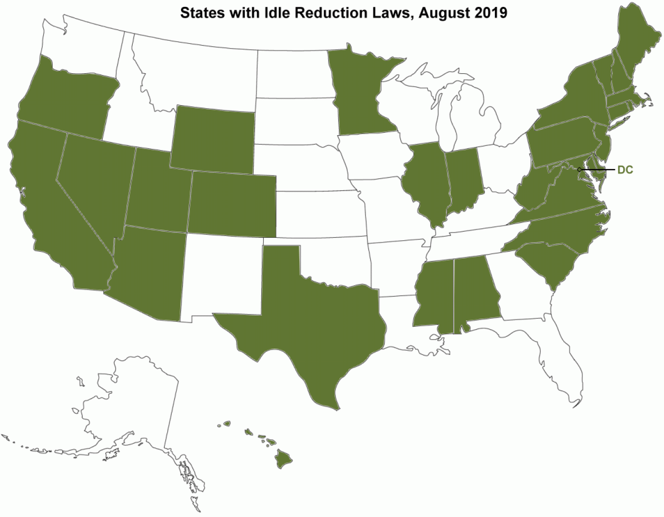 Map of the U.S. showing states with idle reduction laws and incentives, August 2019