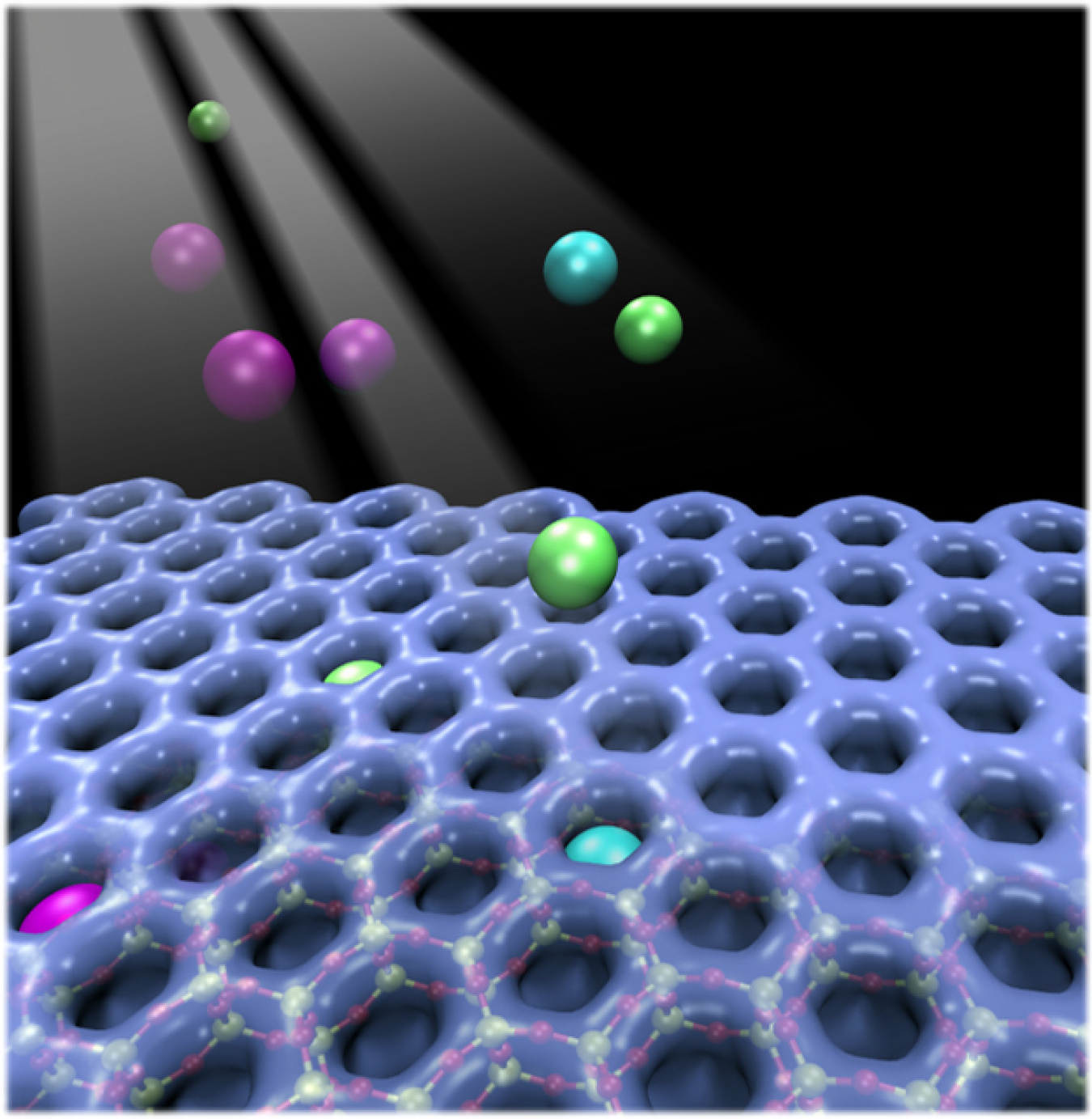 Depiction of a 2D-array of hexagonal prism silicate nanocages trapping individual atoms of argon, krypton, and xenon.