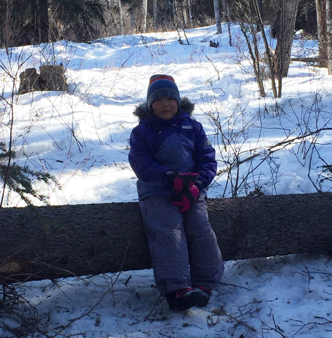Young girl standing in a forest full of snow.