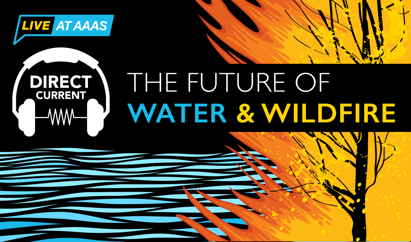 Cover art for Direct Current podcast episode "The Future of Water & Wildfire" depicting an artist's rendition of waves and a burning tree.