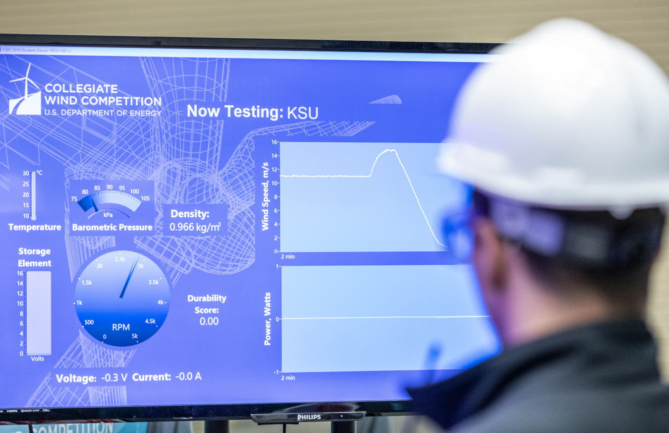 Student in a hard hat stands in front of a monitor.