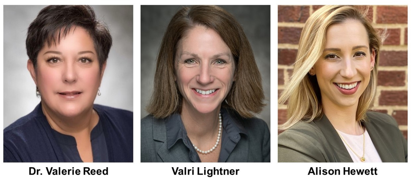 headshots of Dr. Valerie Reed, Varlie Lightner and Alison Hewett