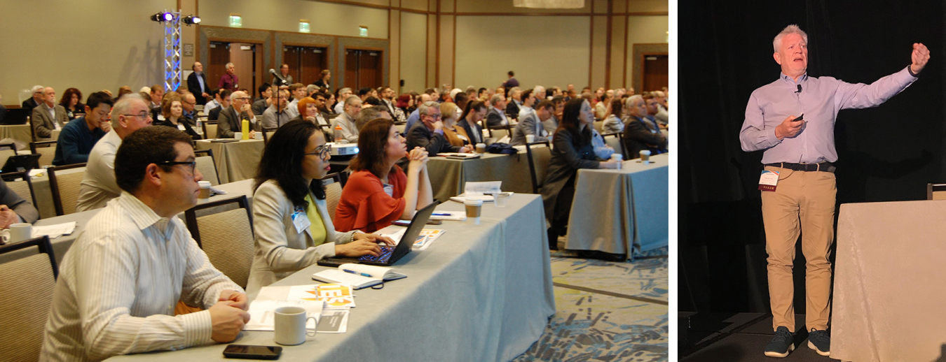 Two photos side by side: One of a conference room full of people seated and listening to a speaker, the other of a man standing in front of the audience speaking.