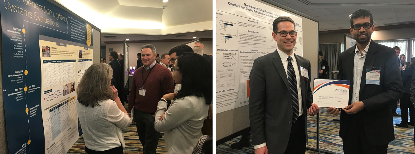 Two photos side by side: One of three people talking in front of a conference display board, and the other of two men in suits standing, facing the camera and holding a certificate.