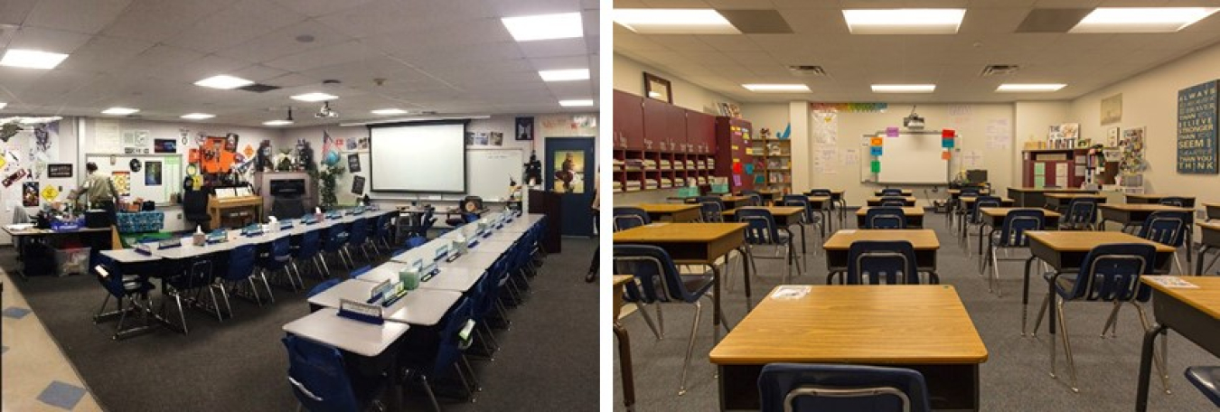 Side-by-side photos of classrooms with tunable LED lighting