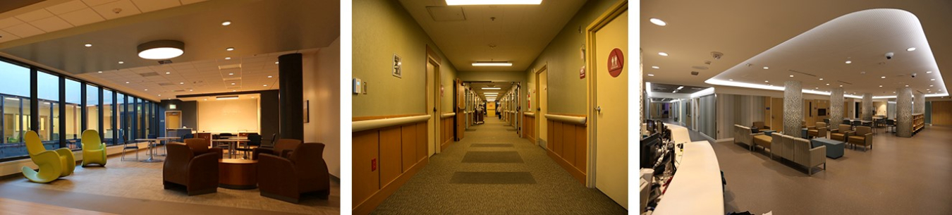 Three side-by-side photos of healthcare settings with tunable LED lighting