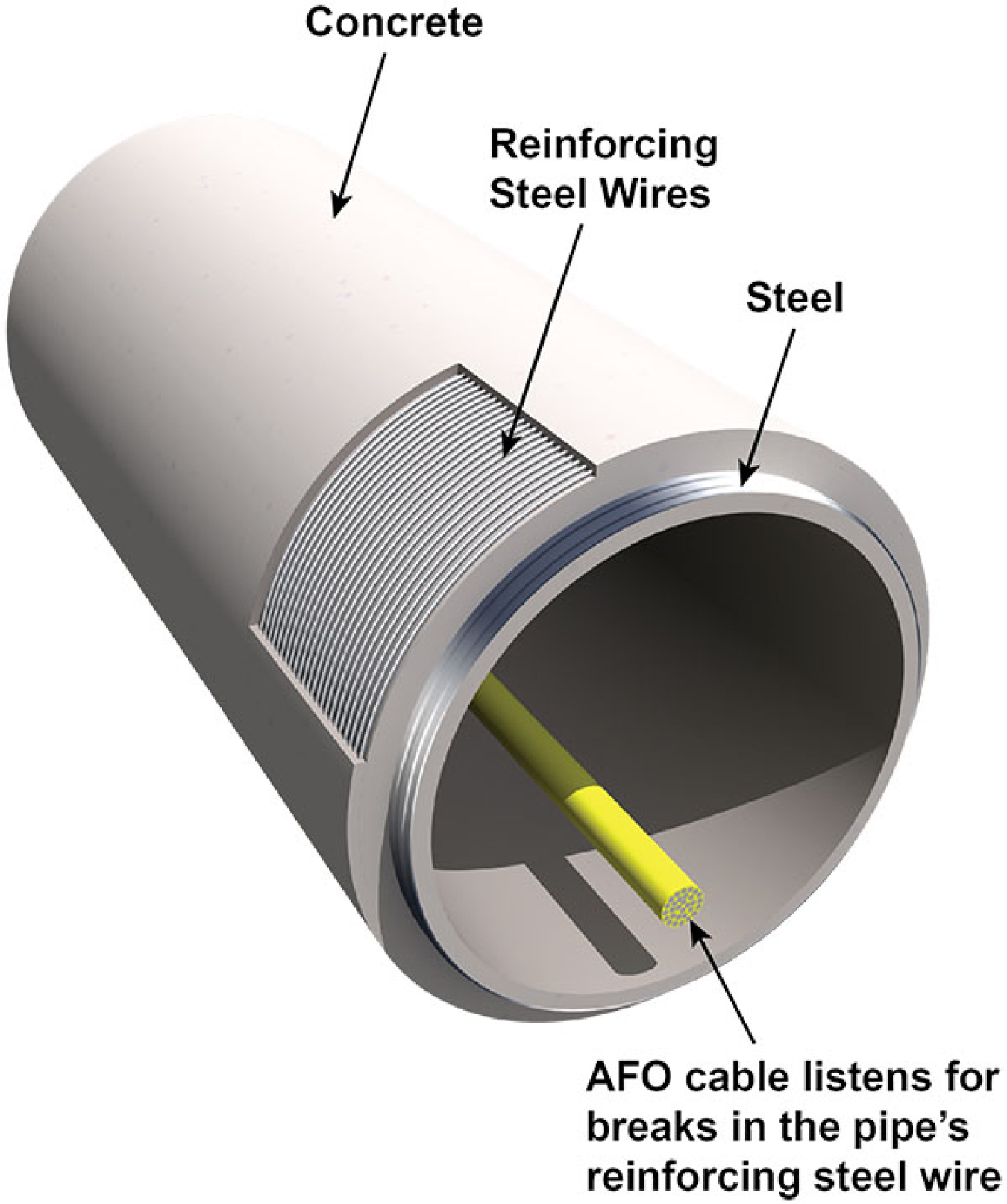 AFO cable inside a pipe. Concrete, reinforcing steel wires, and steel identified on the outside of the pipe. 
