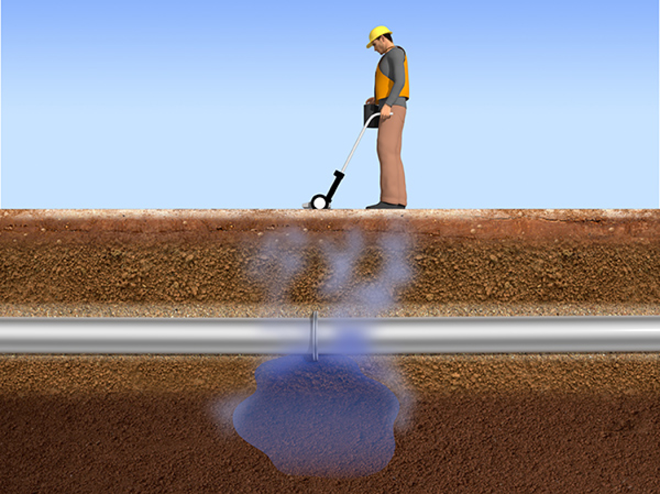 Worker on top of the ground with radar going through the earth. 