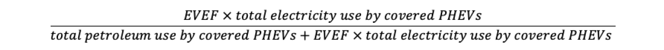 EVEF times total electricity use by covered PHEVs divided by total petroleum use by covered PHEVs plus EVEF times total electricity use by covered PHEVs.