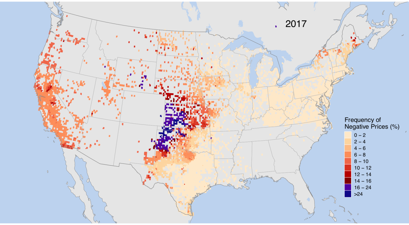 Figure showing negative locational marginal prices on a U.S. map.