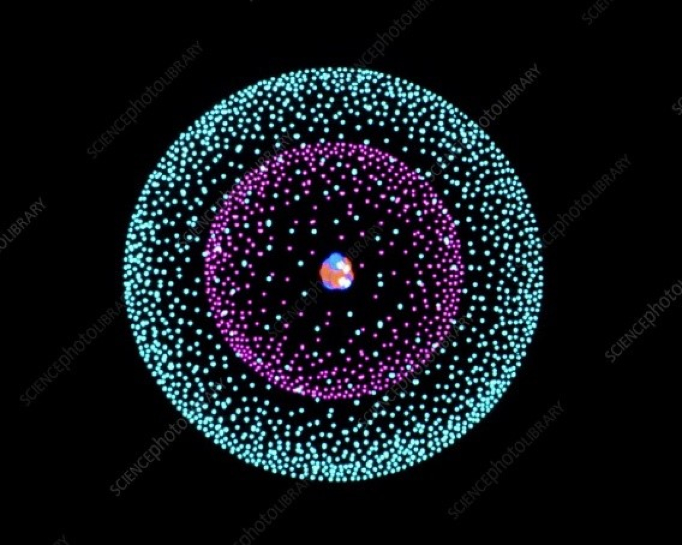 An artist’s impression of a beryllium atom. The nucleus, with its four protons and five neutrons, is surrounded by a cloud of electrons.