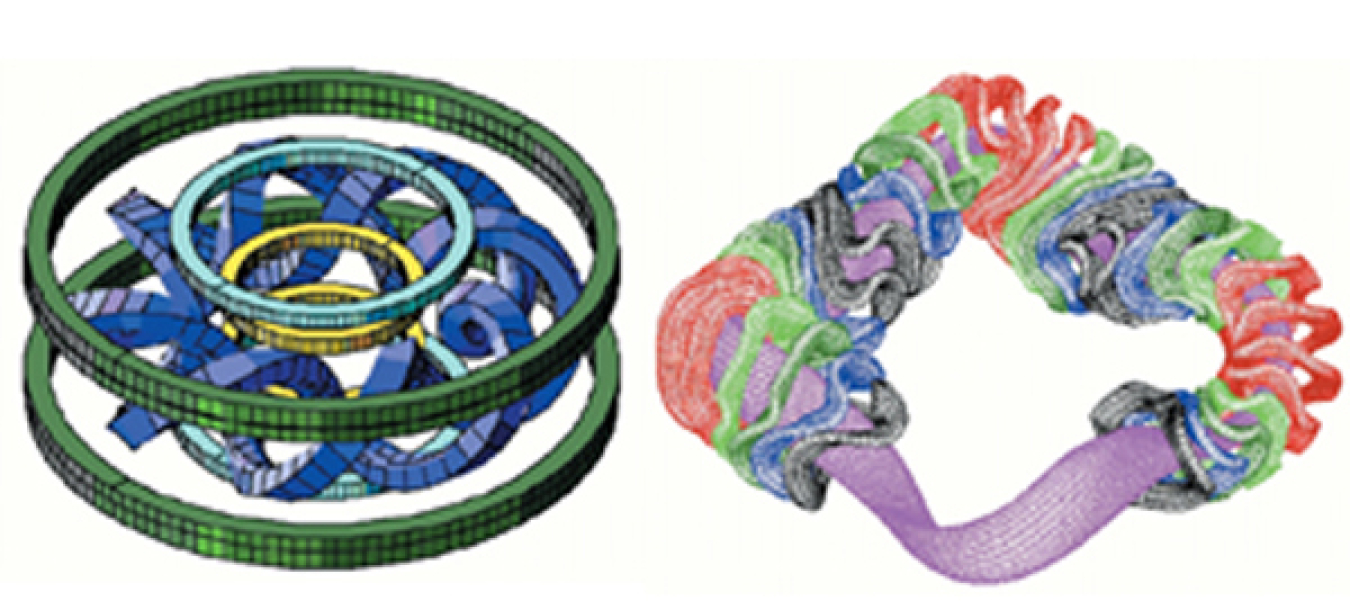 Conventional (left) and optimized (right) stellarators both use complex electromagnetic coils to confine plasmas using three-dimensional magnetic fields in the shape of a torus without relying on induced plasma currents to sustain the plasma. 