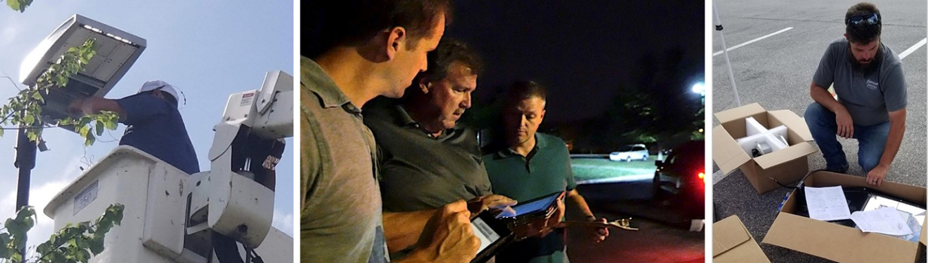 Three photos side by side: One shows a lighting system on a pole, the next shows three men talking and looking at e-tablets, the third shows a man in a parking lot kneeling next to open boxes of equipment.