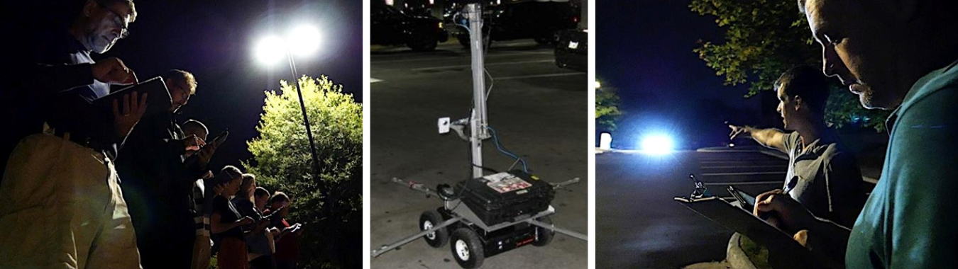 Three photos side by side, all taken at night: One shows several people standing next to a bright light on a pole, the next shows equipment on wheels in a parking lot, the third shows a man looking at info he holds in his hand while another points.