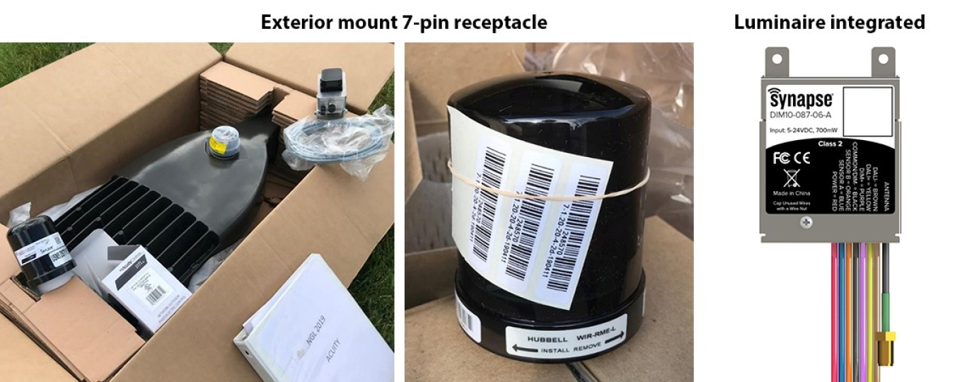 Three photos: Two showing an exterior mount 7-pin receptacle, and the other showing luminaire integraged.