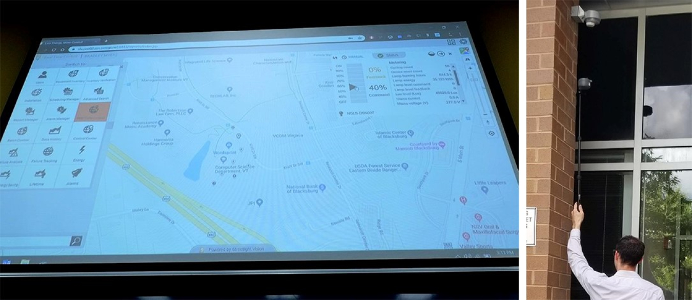 Two photos side by side: One large one depicting a GPS / map on a device screen, and the other showing a man standing in front of a commercial building.