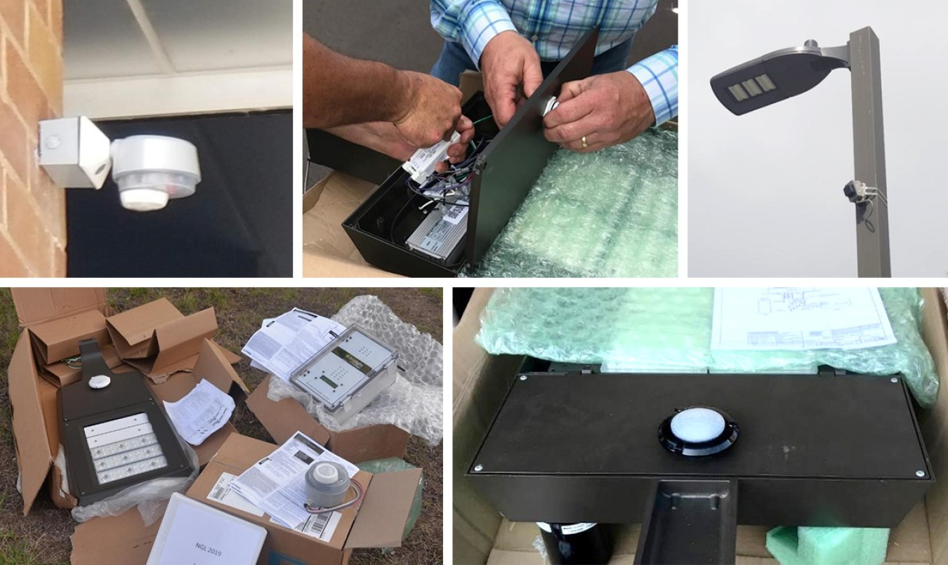 Collage of photos depicting occupancy sensors on a building and a pole, along with sensor equipment in boxes and being examined by workers.