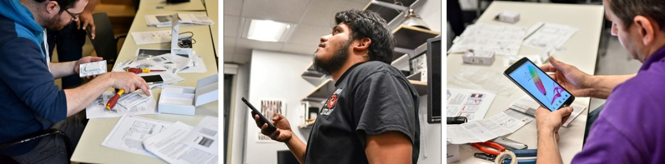 Three side-by-side photos of people working, two of them seated at a desk and one standing and holding a phone, looking up at something.