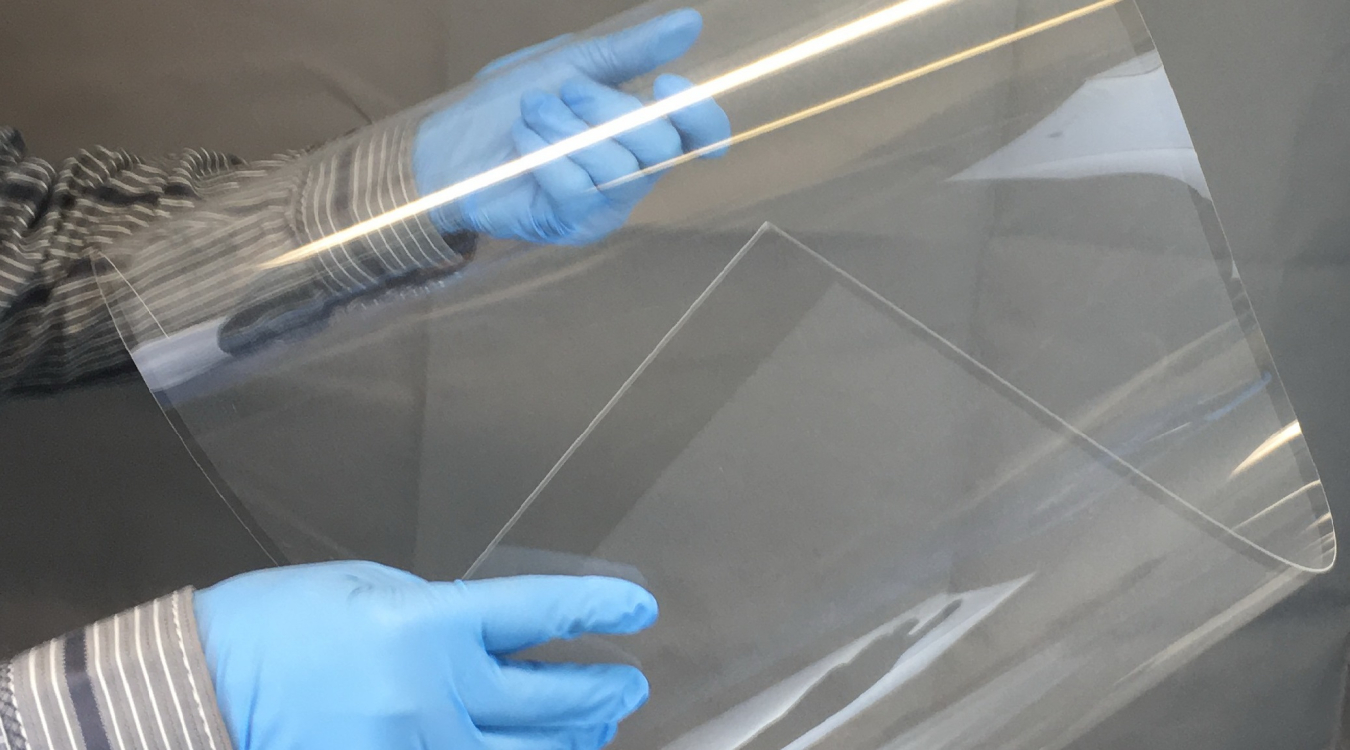 Two gloved hands holding a flexible light guide.