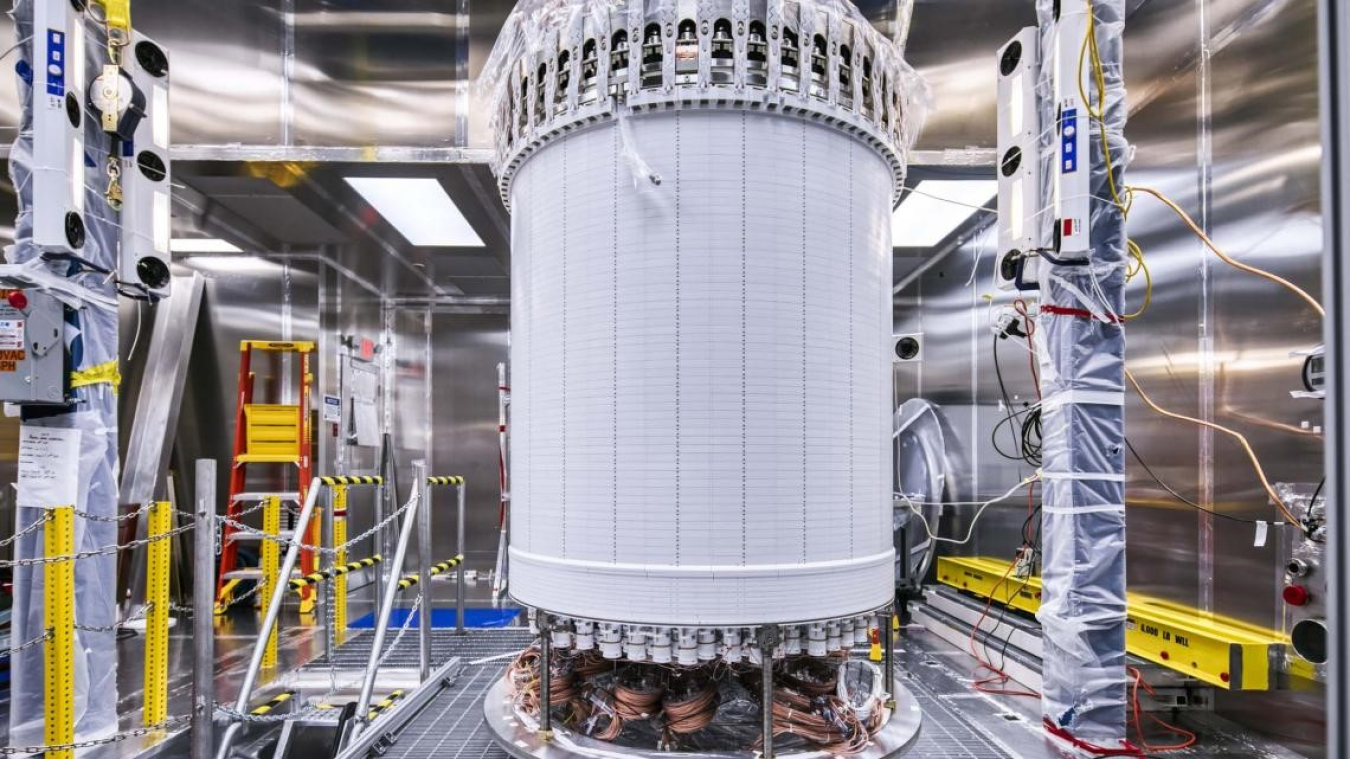 The LUX-ZEPLIN xenon-based dark matter detector being assembled at the Sanford Underground Research Facility.