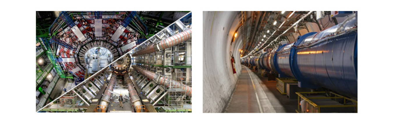 The CMS (top-left) and ATLAS (bottom-left) experiments at the Large Hadron Collider (right) at CERN.