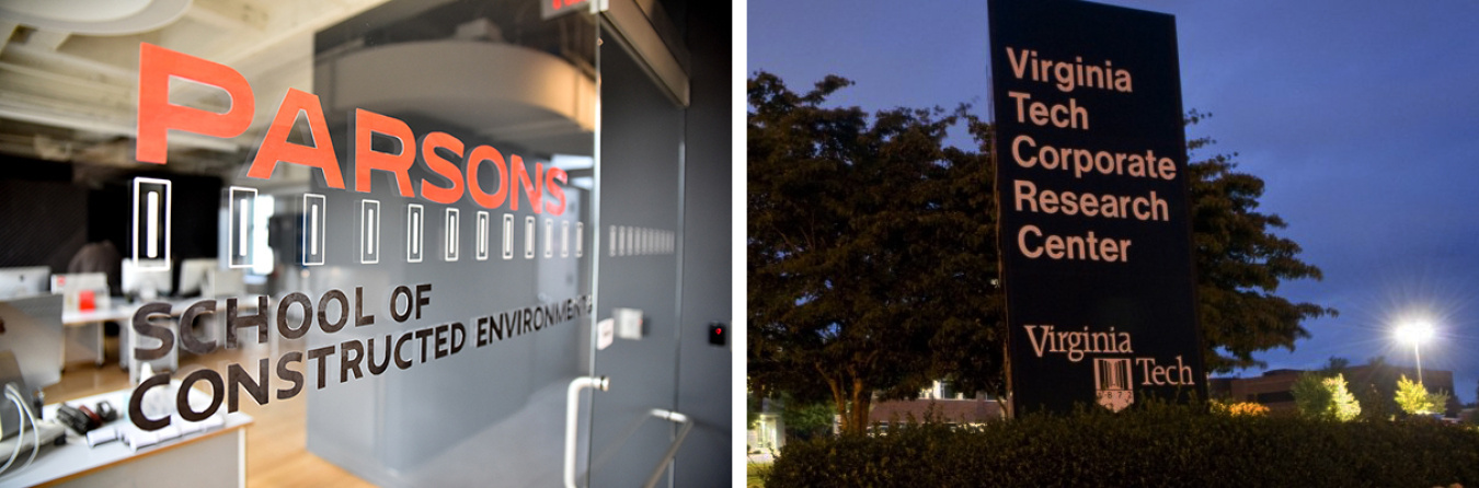 Two photos side by side: One of the sign on the glass outside of Parsons School, and the other of the Virginia Tech Corporate Research Center sign.