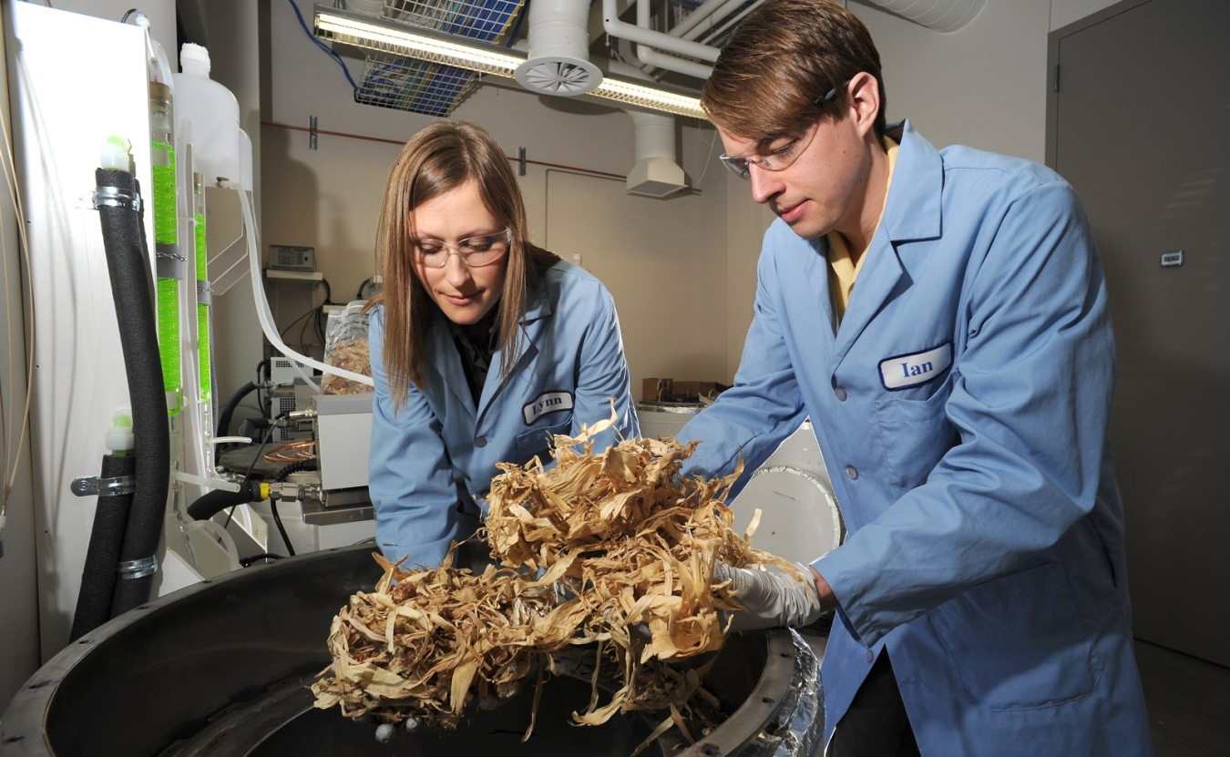 Photo of two scientists processing corn stover.