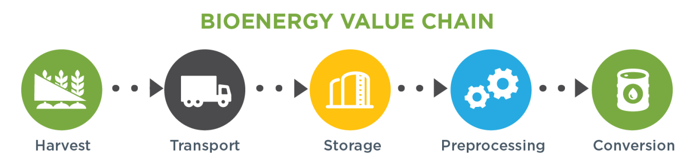 Flowchart using multicolor, spherical icons to show the bioenergy value chain from harvest, to transport, to storage, to preprocessing, and finally to conversion.