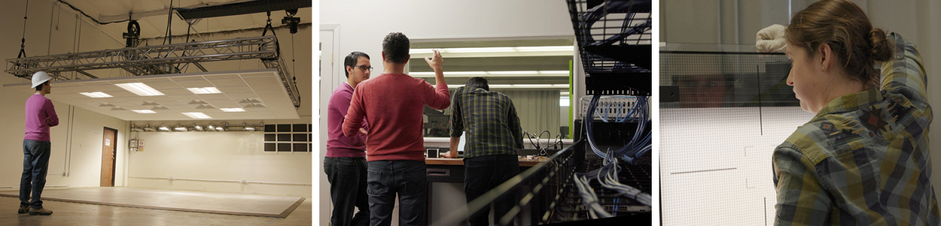 A man looks at a movable ceiling grid, left; three men converse in a lab, center; a woman adjusts a panel on a light fixture, right.