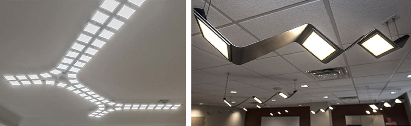 Two photos side by side of ceiling-mounted OLED light fixtures.