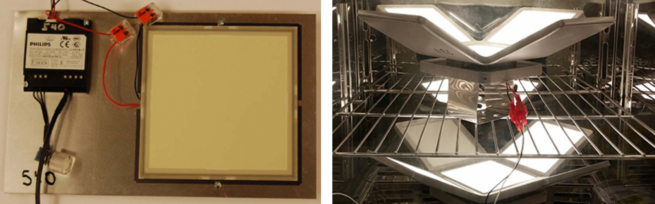 Two photos side by side, one of an OLED panel and the other of a caliper light on a wire rack.