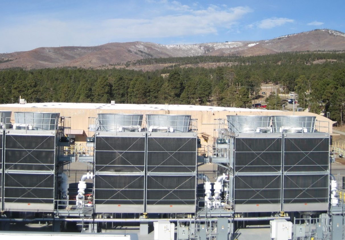 The installed cooling towers and equipment for the Exascale Class Computer Cooling Equipment Project at Los Alamos National Laboratory.