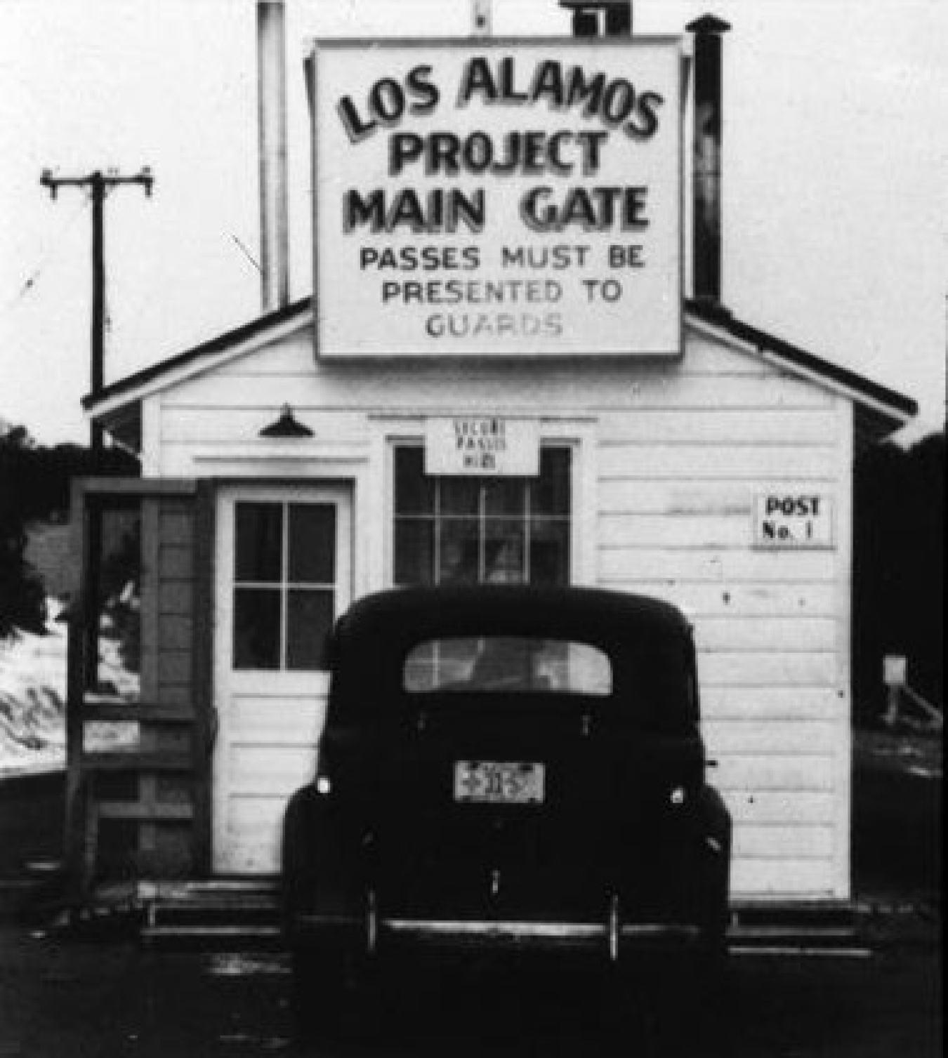 The original gate through which workers entered Los Alamos National Laboratory during the Manhattan Project years.