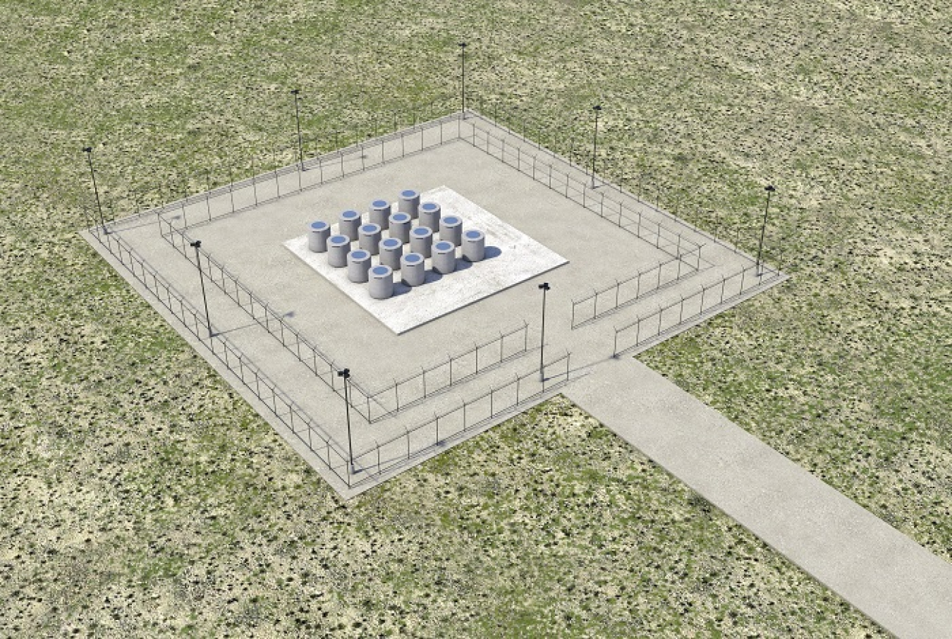 A conceptual illustration shows an outdoor storage area where large concrete casks designed to hold radioactive cesium and strontium capsules will be placed in a safe, compliant configuration at the Hanford Site.
