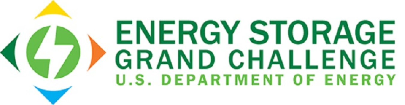 Energy Storage Grand Challenge words stacked in a white rectangle with a diamond-shaped graphic to the left. 