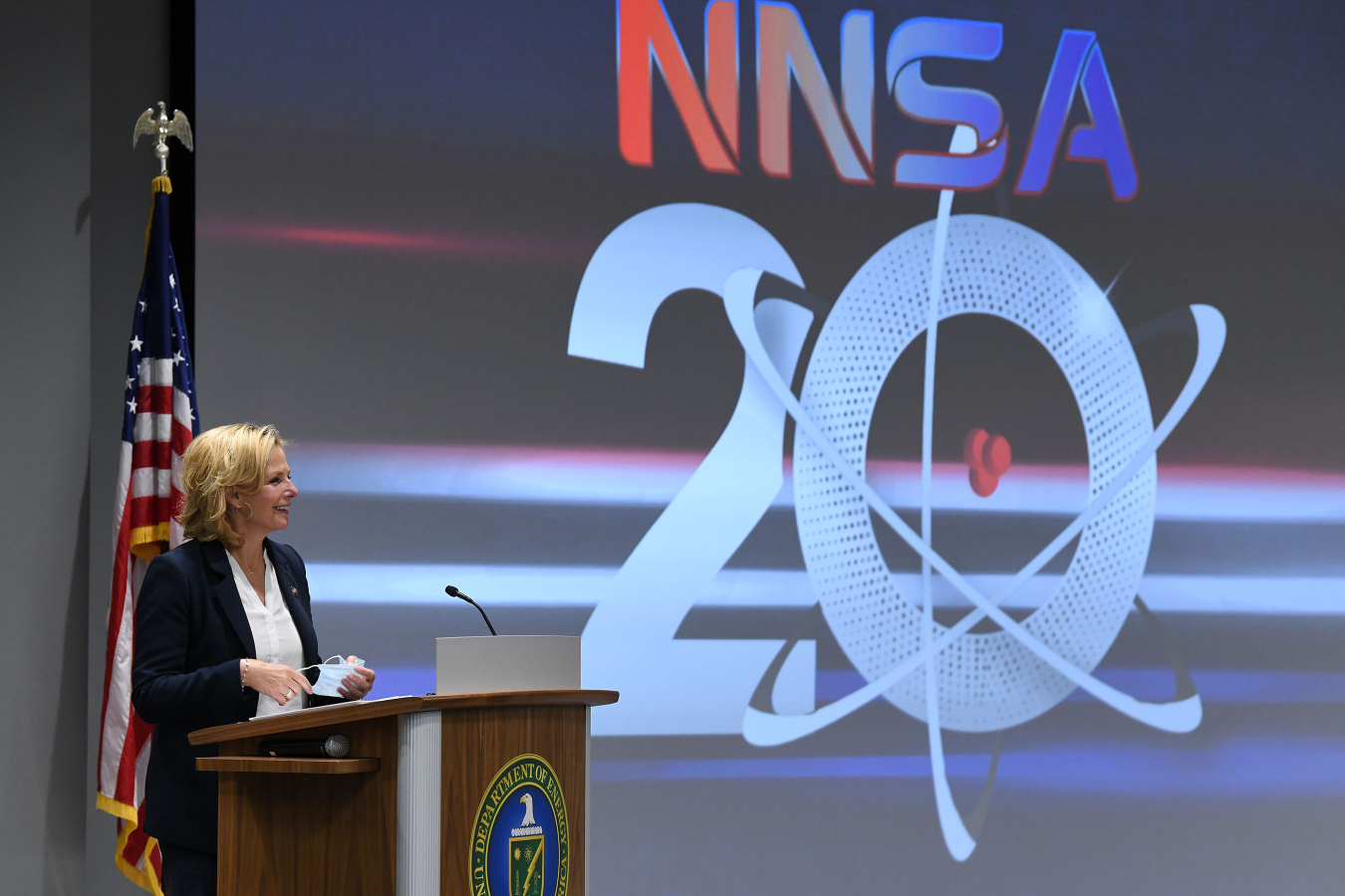 NNSA Administrator Lisa E. Gordon-Hagerty speaks during the NNSA 20th Anniversary Celebration event that recognized the milestones the Pantex team has met despite the pandemic..