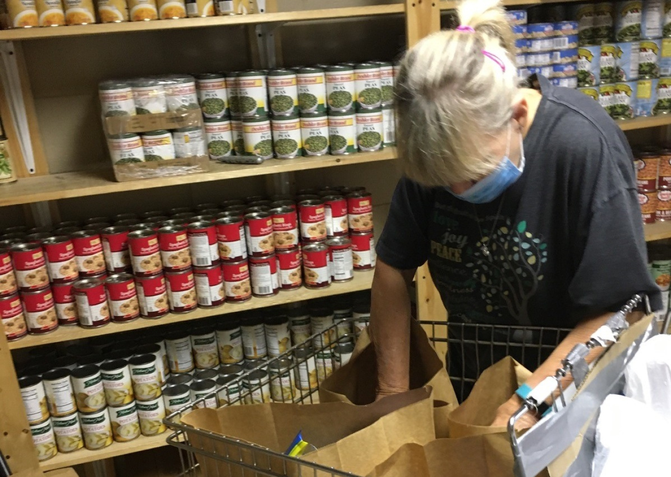 Lighthouse Community Food Bank volunteer Beverly Conner loads groceries into sacks to distribute to Ballard County families.