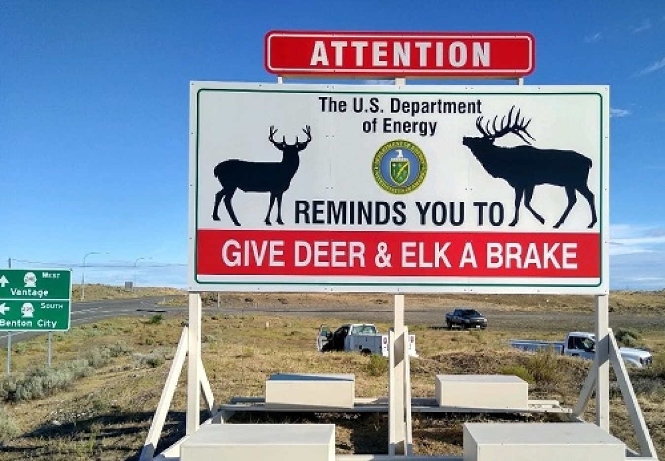 A Hanford Site traffic safety initiative includes placing 6-by-12-foot signs along a state highway that crosses the site. These signs help alert motorists that deer and elk may be in the area.