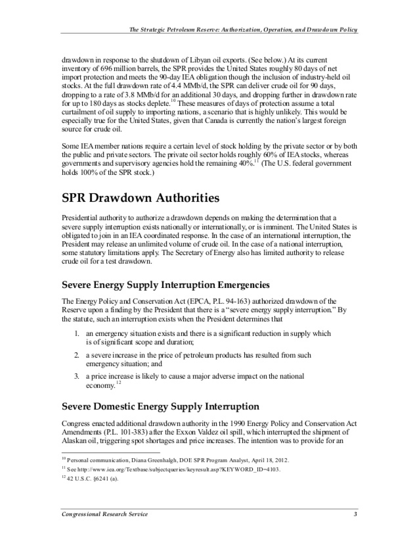 Energy Policy and Conservation Act's Statutory Authority for an SPR Drawdown
