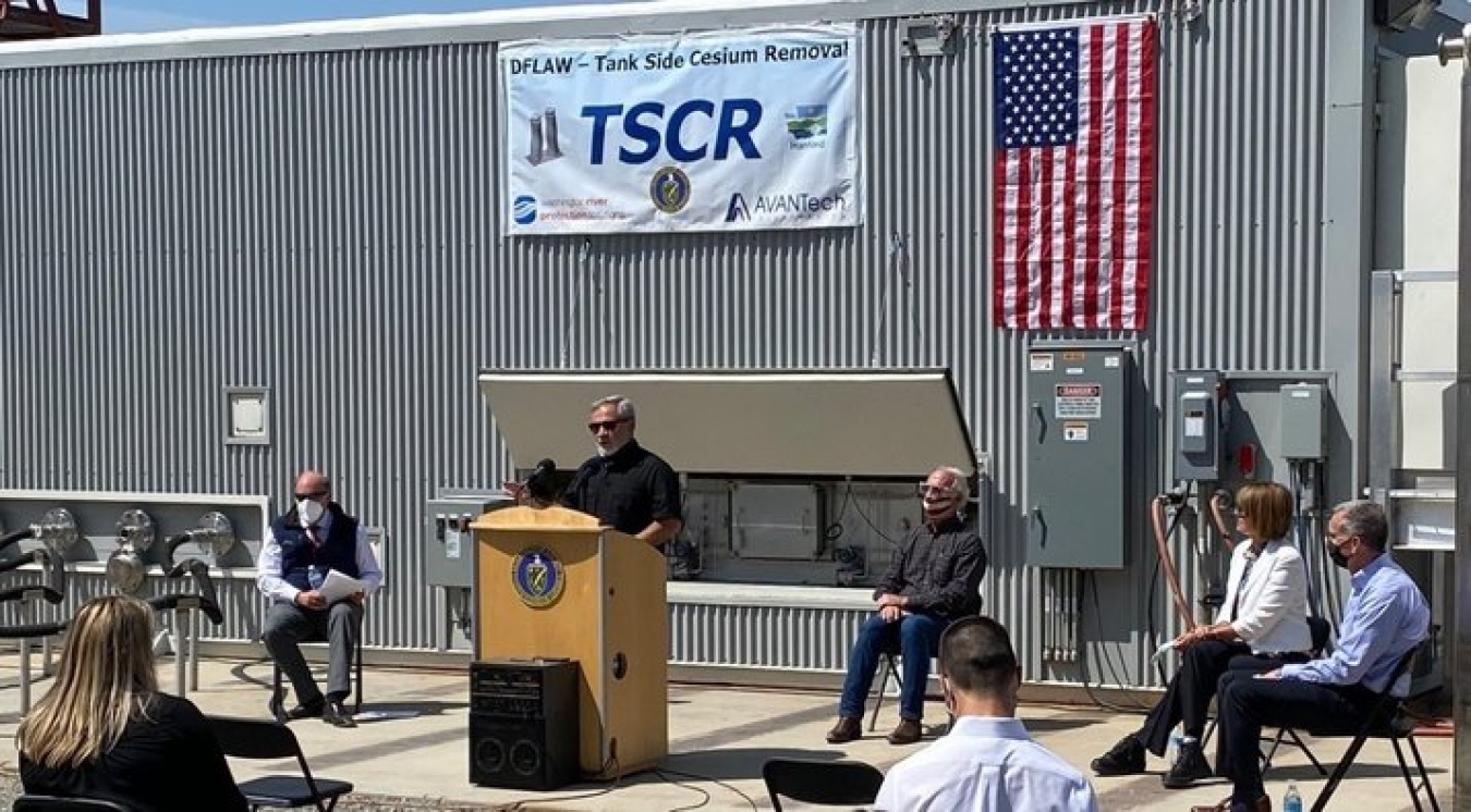 Energy Secretary Dan Brouillette, at podium, toured AVANTech in Richland to see the Tank-Side Cesium Removal system that will be used at Hanford as part of the Direct-Feed Low-Activity Waste approach to tank waste treatment.
