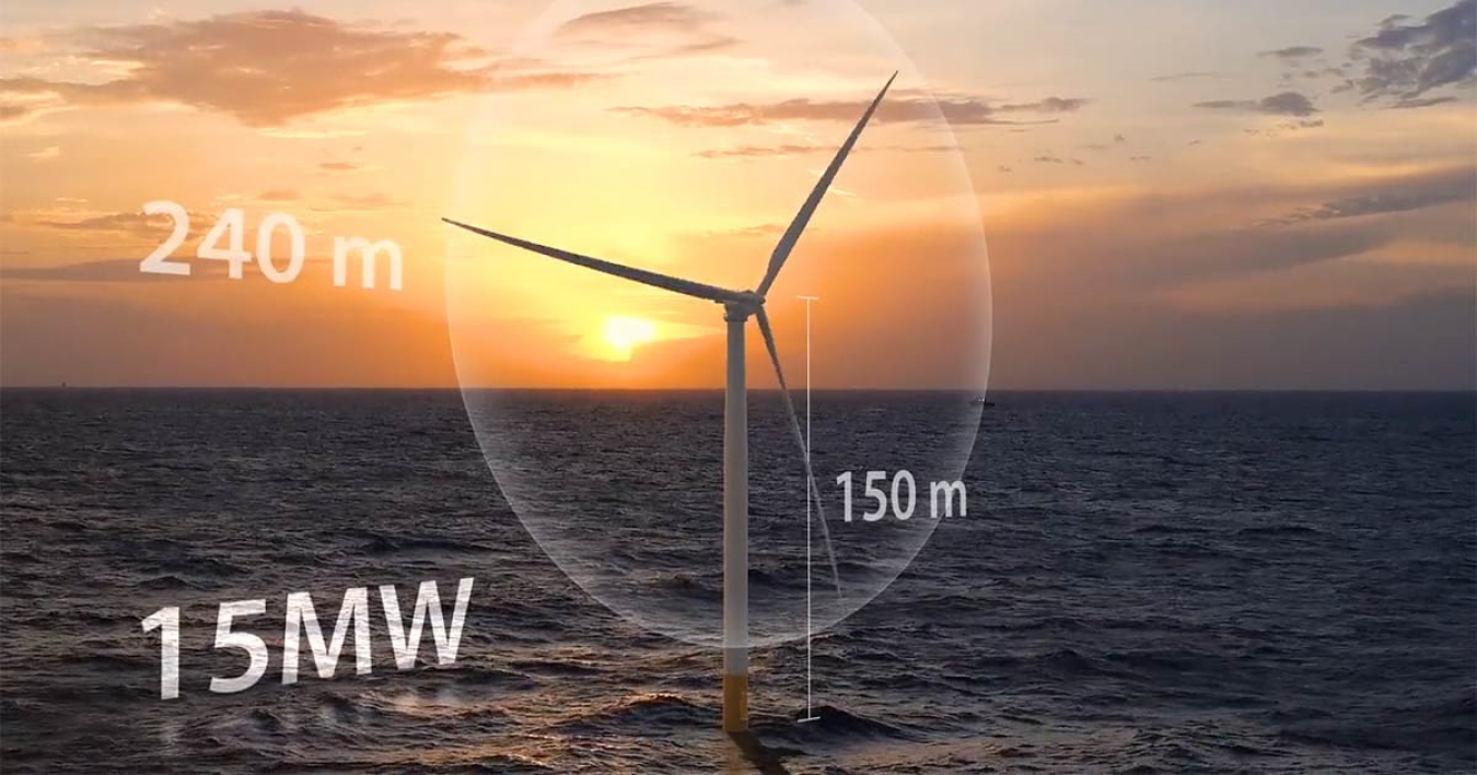 Wind turbine in the water at sunset surrounded by a light from a tool that measures offshore wind performance.