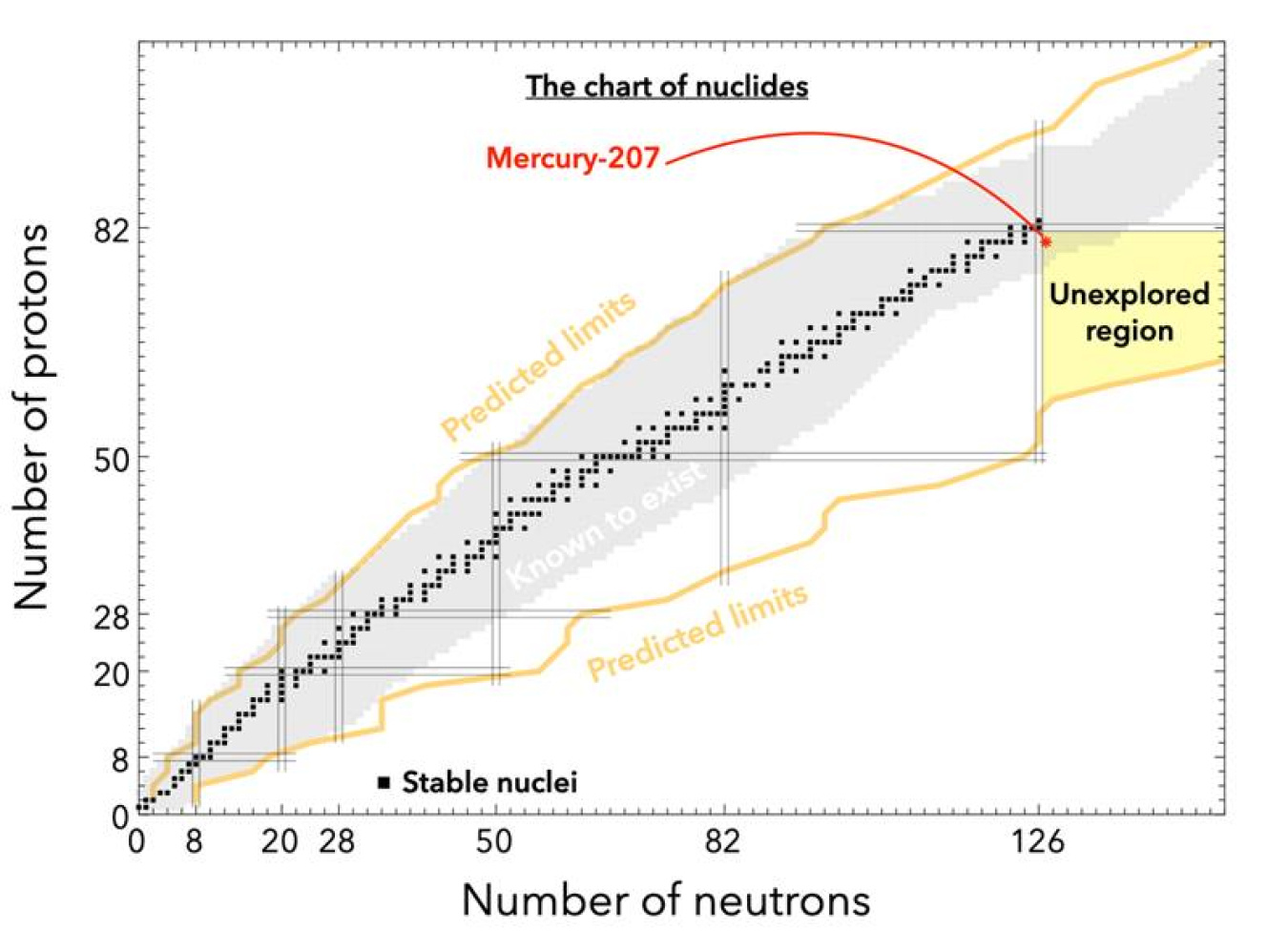 With one neutron outside of the chain of isotopes with a fully populated shell of 126 neutrons, mercury-207 lies in what was until now an almost entirely unexplored region of the nuclear chart.