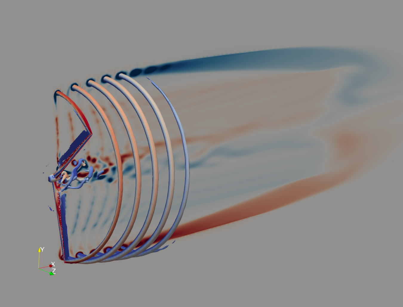 Image showing the flow structure around an NREL 5-megawatt wind turbine rotor generated by the ExaWind Nalu-Wind high-performance computational code.