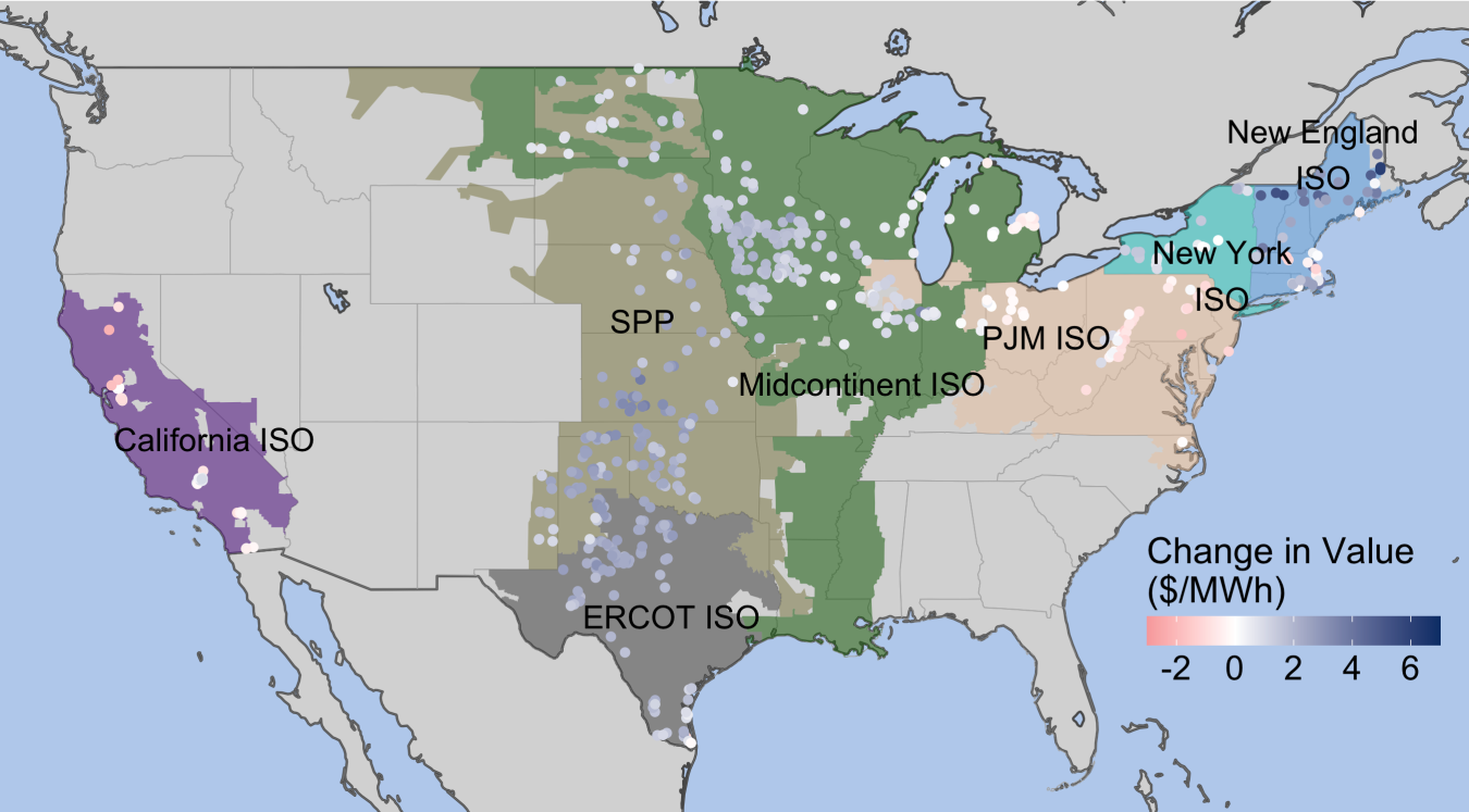 Map showing market value increase from supersized turbine vs. 2018 average turbine.