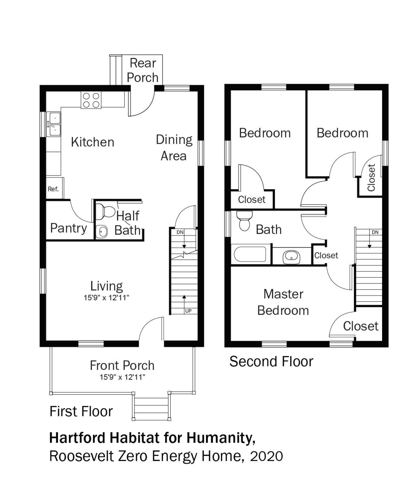 Floorplans for DOE Tour of Zero: Roosevelt Zero Energy Home by Hartford Habitat for Humanity.