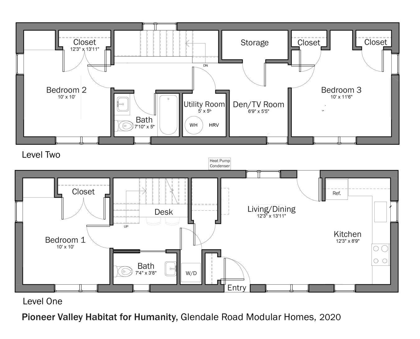 Floorplans for DOE Tour of Zero: Glendale Road Modular Homes by Pioneer Valley Habitat for Humanity.