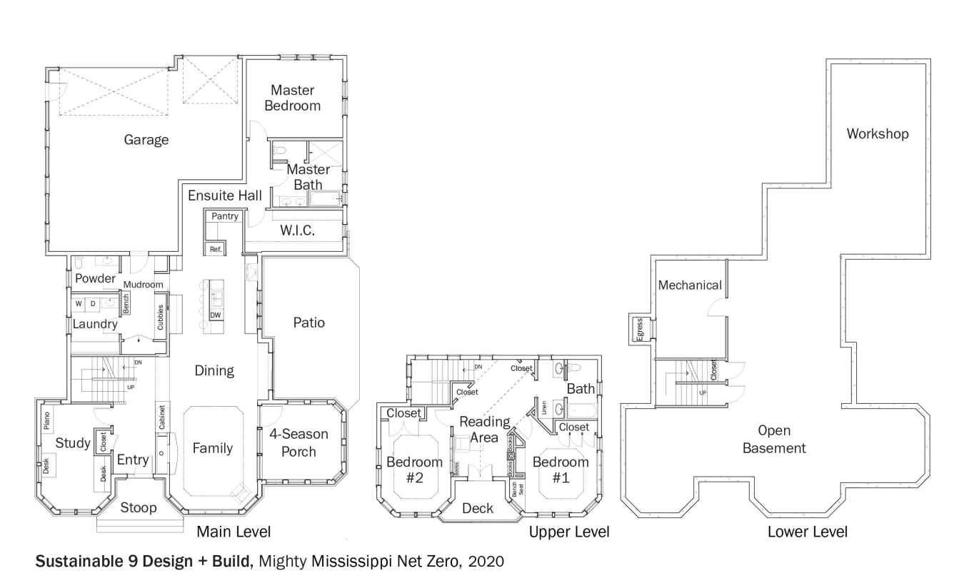 Floorplans for DOE Tour of Zero: Mighty Mississippi Net Zero by Sustainable 9 Design + Build.